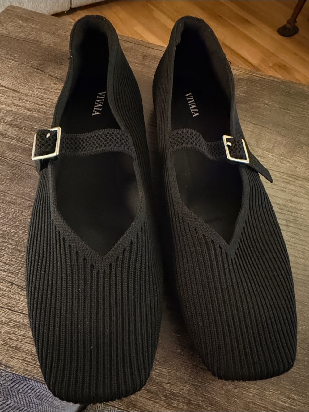 VIVAIA Women's Black Knit Mary Jane Flats with Buckle